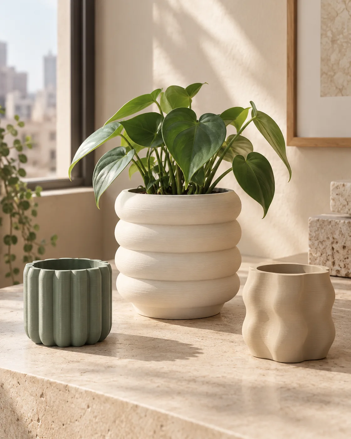 AI scene illustration of ivory, sage and sand 3D printed planters beside a window