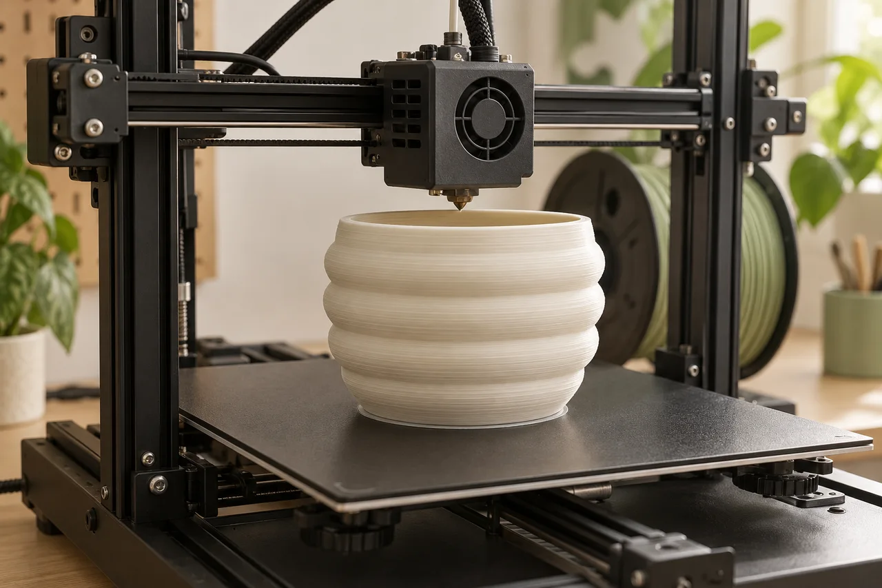 AI process illustration of a desktop 3D printer making a ribbed planter