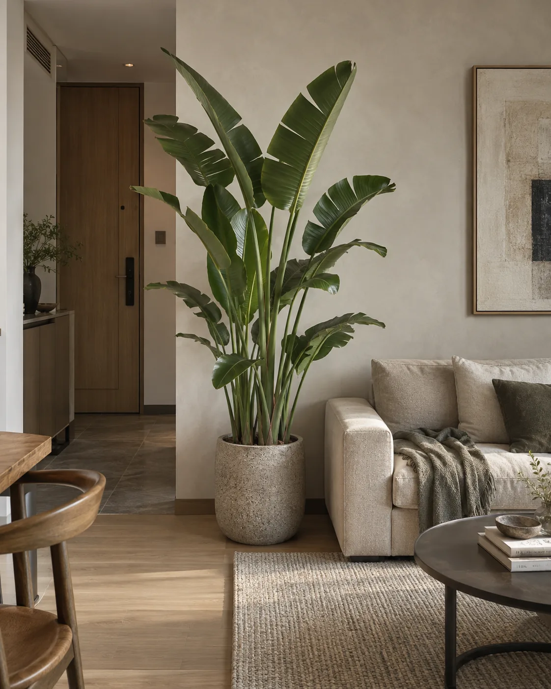 Large Bird of Paradise at home beside a sofa and entrance