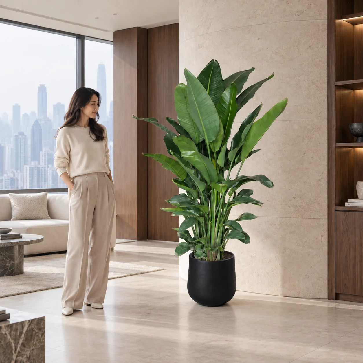 Large Bird of Paradise beside a person in a warm living room