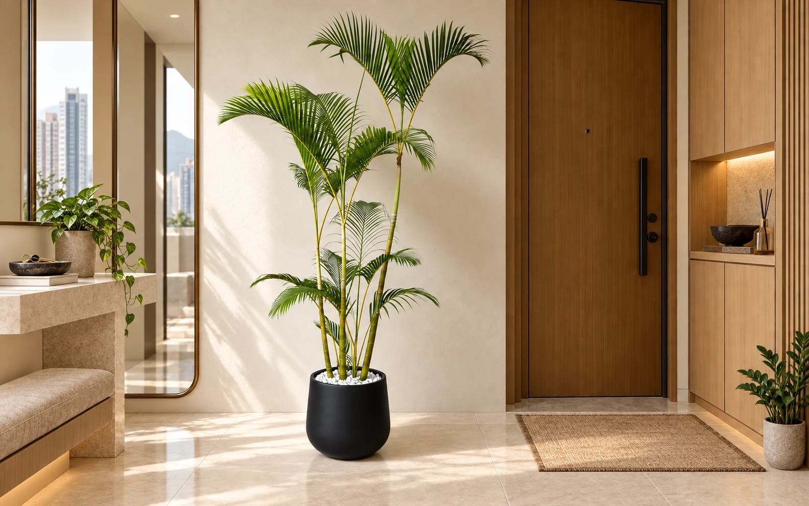 Large Areca palm with smaller plants in a warm contemporary apartment entrance