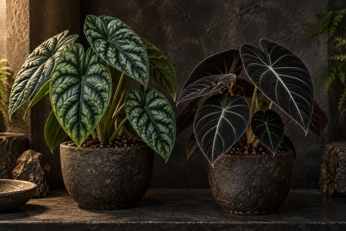 Dragon Scale and Black Velvet Alocasia plants show contrasting leaf textures.