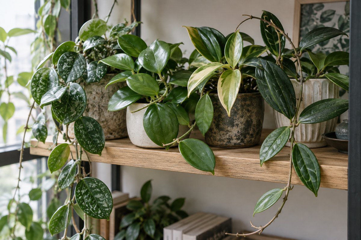A collection of thick-leaved Hoya plants sits on a wooden shelf.