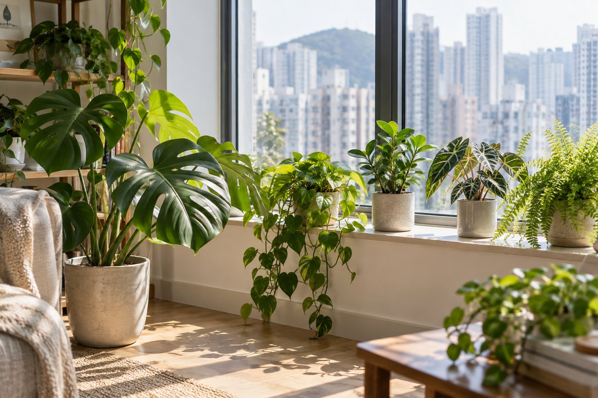 多盆觀葉植物沿香港住宅窗台擺放，日光落在葉片與地板上。