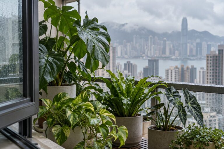 多盆觀葉植物靠近雨後的窗邊，玻璃上的雨點映出遠處城市。