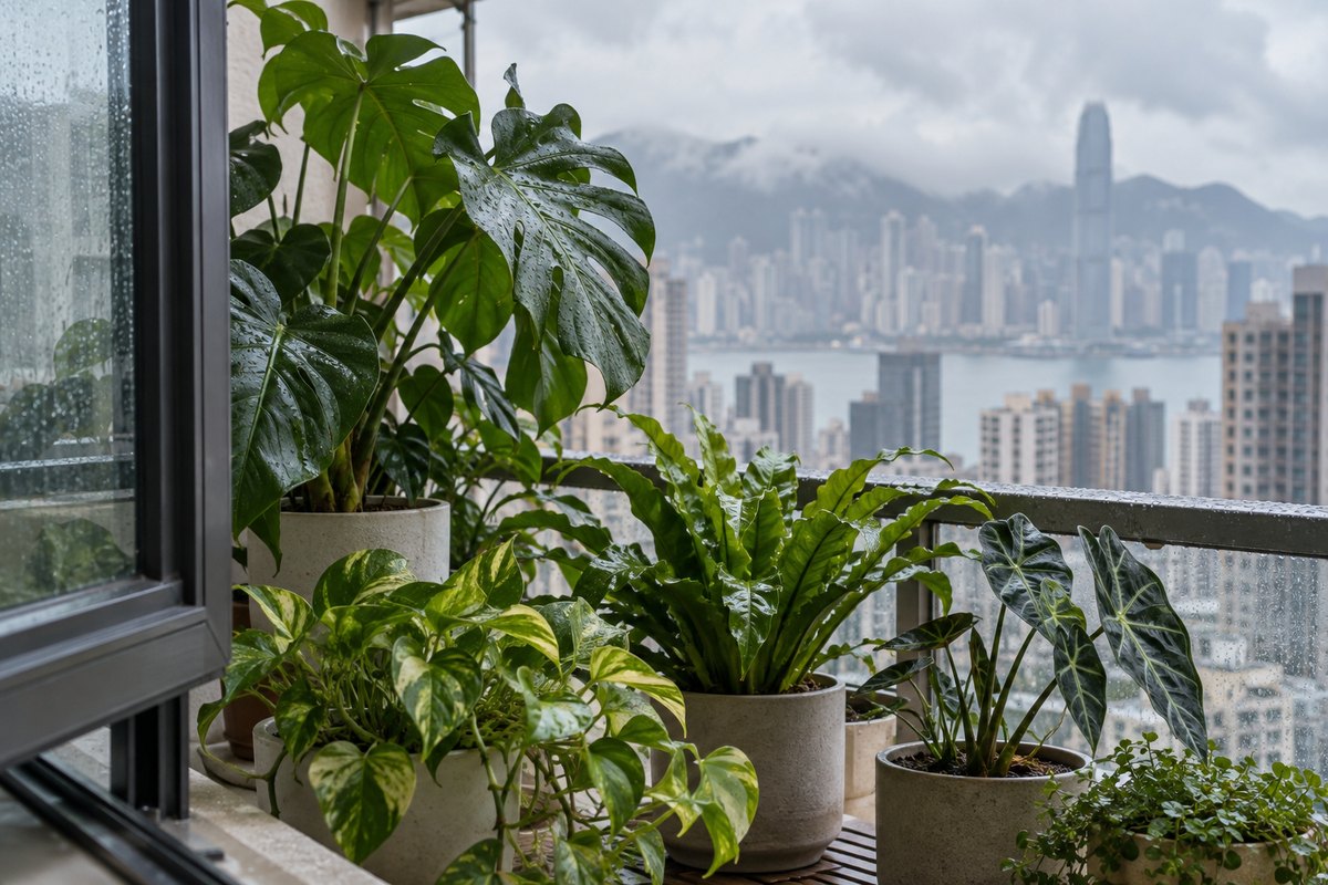 Several foliage plants sit beside rain-speckled glass with the city softly visible beyond.