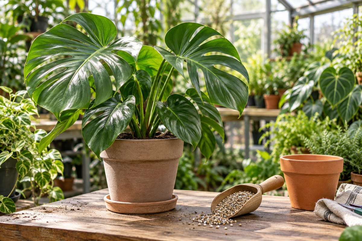 A wooden scoop of small granules sits beside a potted foliage plant on a greenhouse workbench.