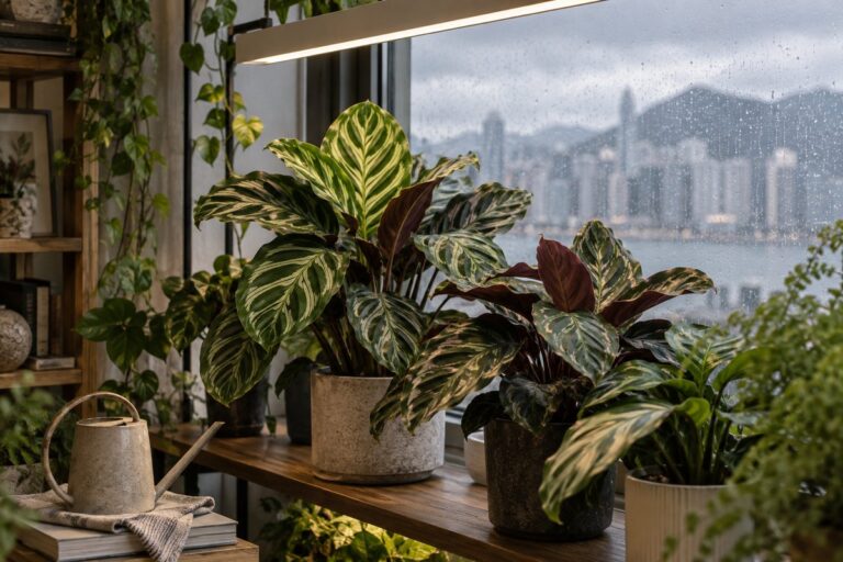 Calatheas grow beside a rain-streaked window under a slim grow light.