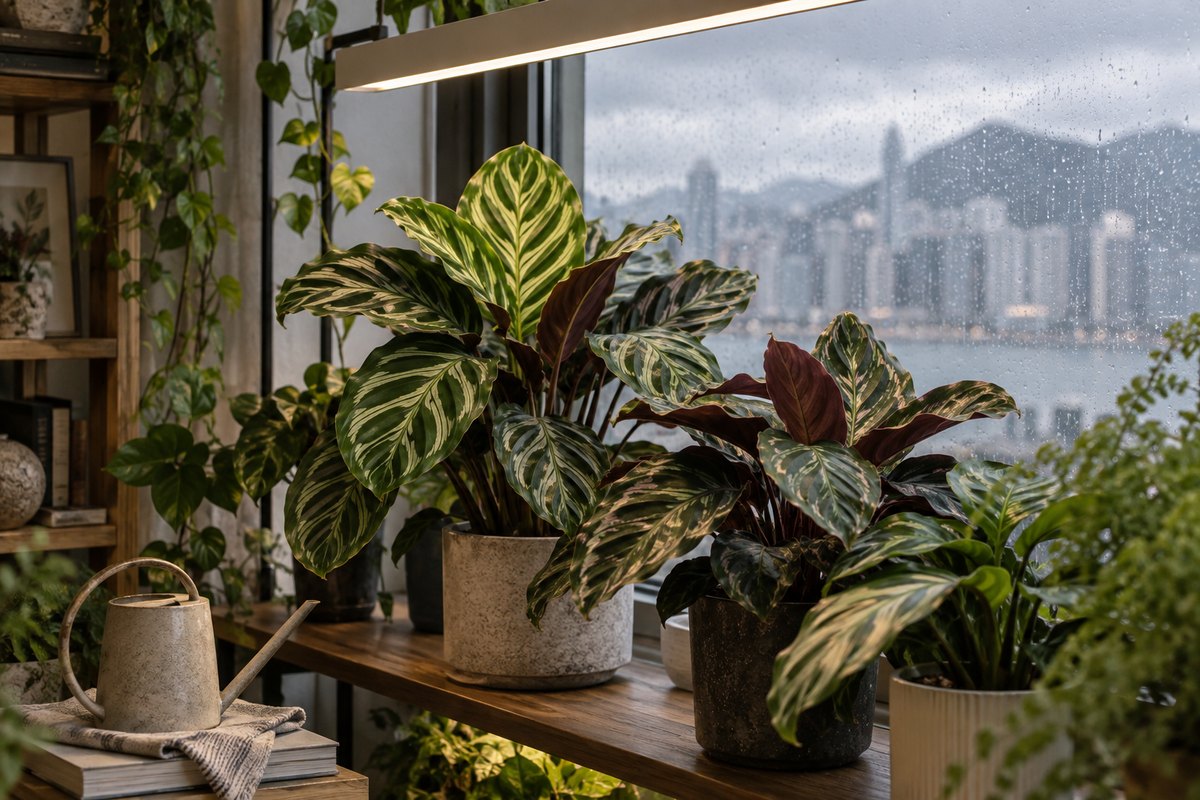 Calatheas grow beside a rain-streaked window under a slim grow light.