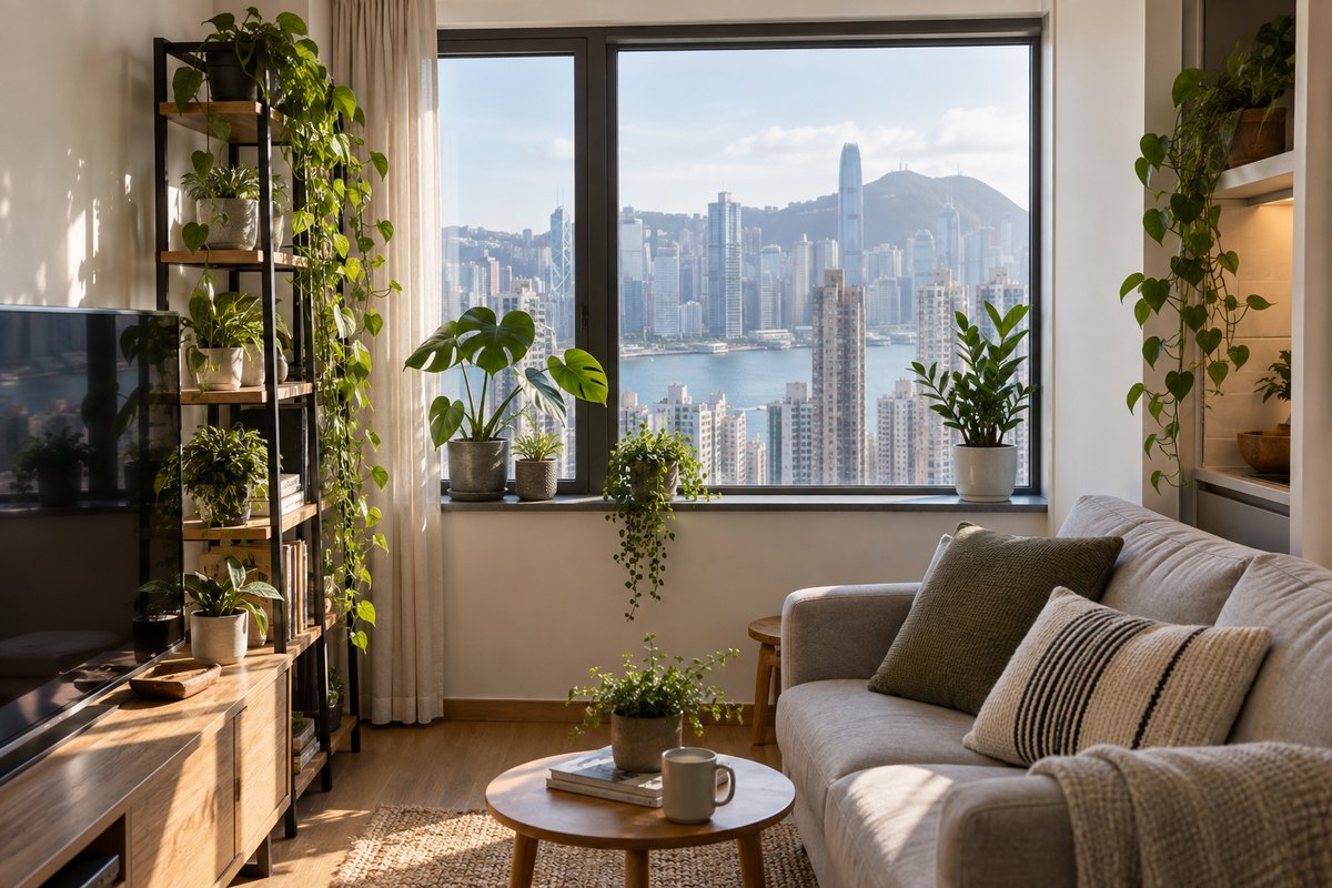 Potted foliage plants and a trailing vine sit on narrow shelves beside a Hong Kong apartment window.