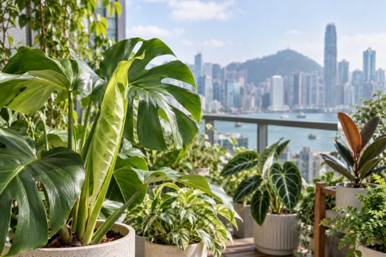 A copper-toned new leaf unfurls among potted foliage on a Hong Kong balcony.