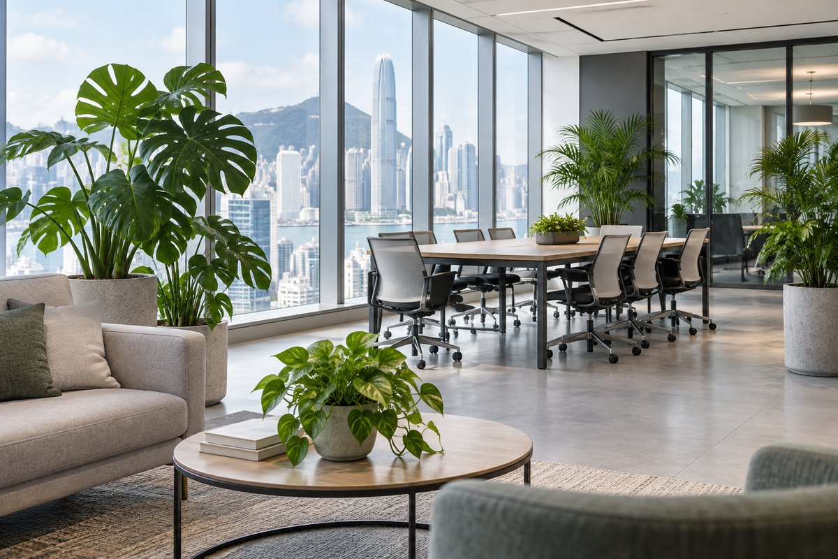 Potted foliage plants are arranged around an office lounge and meeting table beside tall windows.
