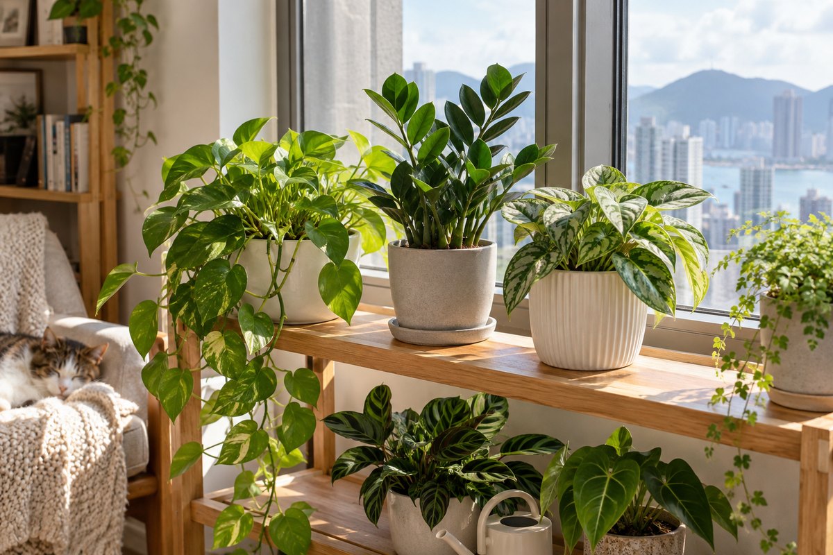 Several foliage plants sit on a home windowsill shelf while a cat rests on a chair.