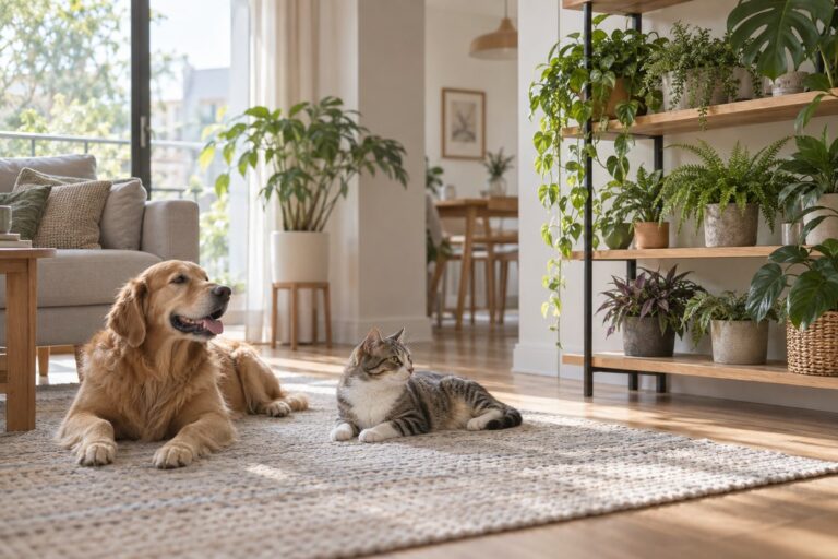 A dog and cat rest indoors, apart from several plants arranged on an elevated shelf.