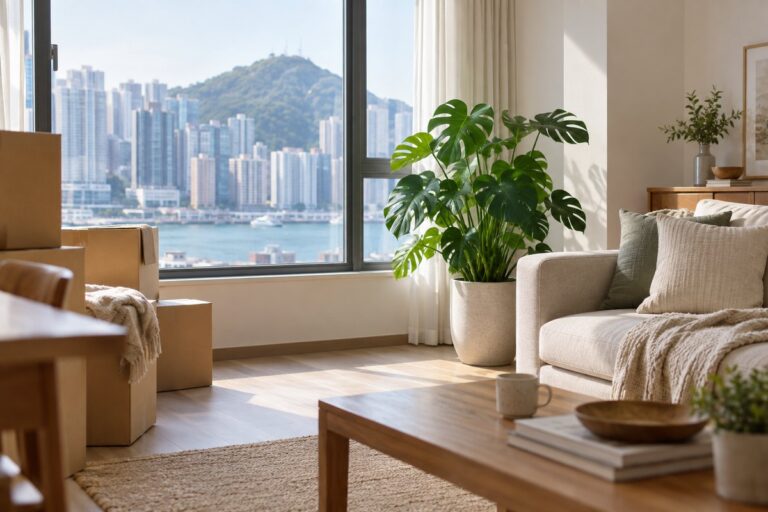香港住宅客廳窗邊放著一盆龜背竹，旁邊有沙發和茶几。
