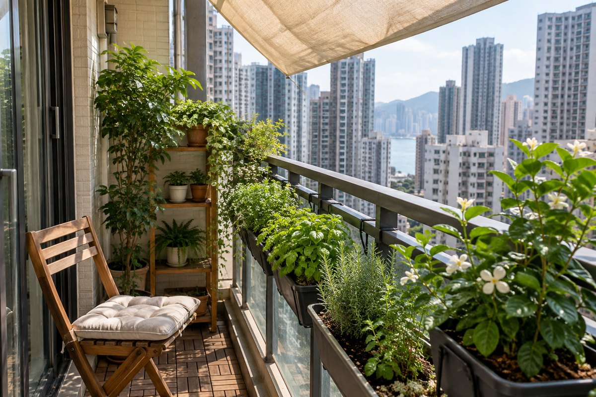 高層住宅陽台擺有多盆植物，背景是密集城市大廈。