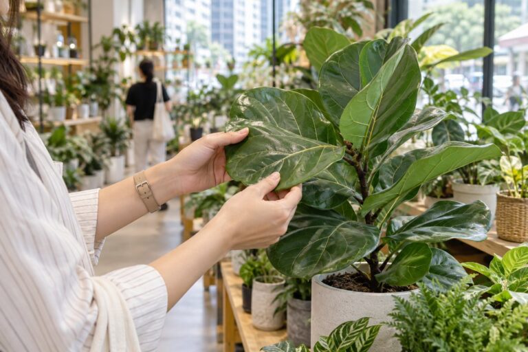 A pair of hands gently turns a leaf on a potted plant in a plant shop.