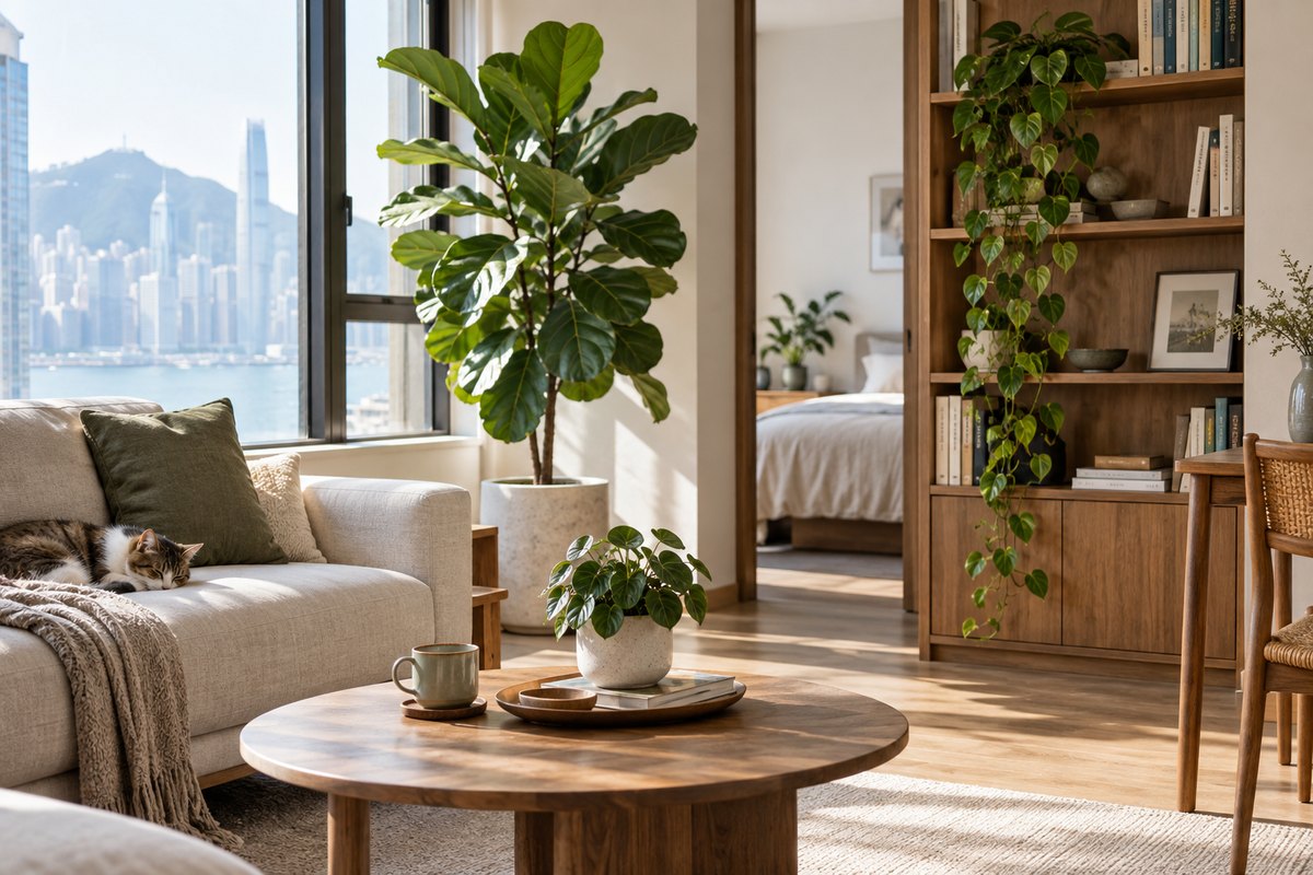 A sunlit living room with a tall plant, shelf vine, tabletop plant and resting cat.