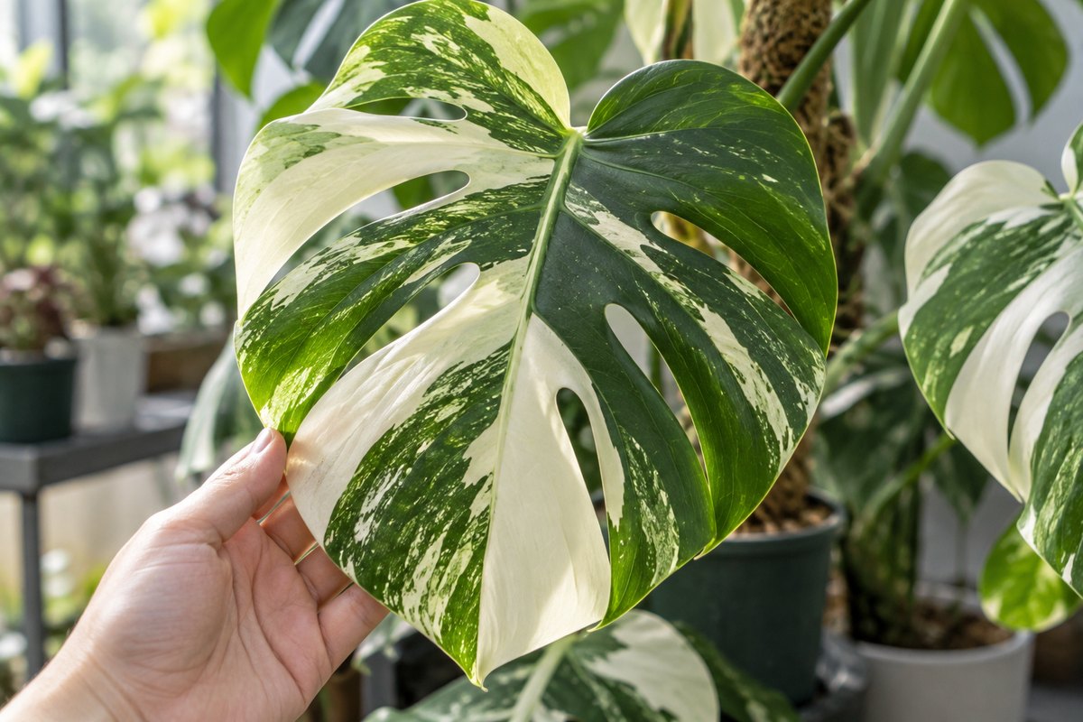 A hand holds a white-and-green variegated Monstera leaf among blurred plants.