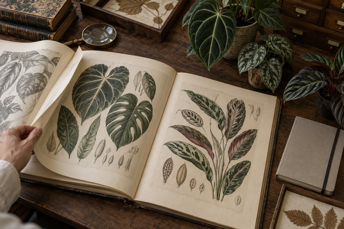 A hand opens an illustrated botanical book beside potted foliage and a magnifier.