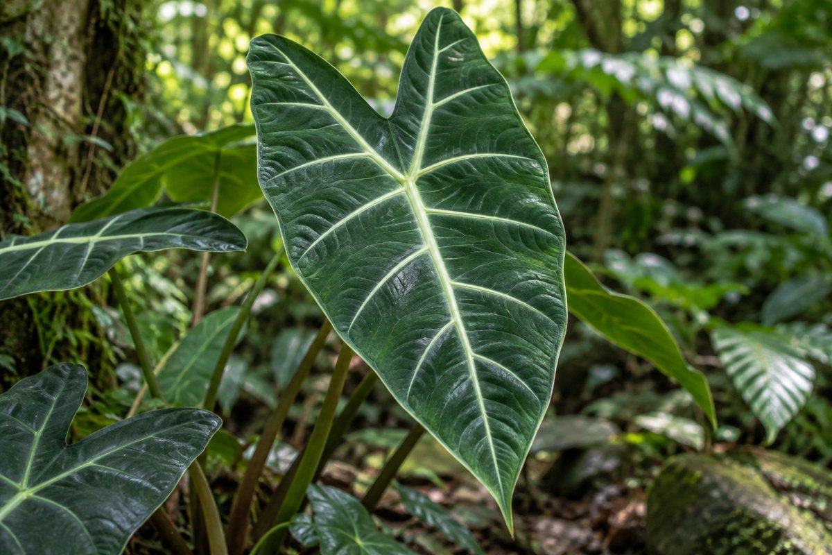 Pale veins stand out on a deep-green, arrow-shaped Alocasia leaf.
