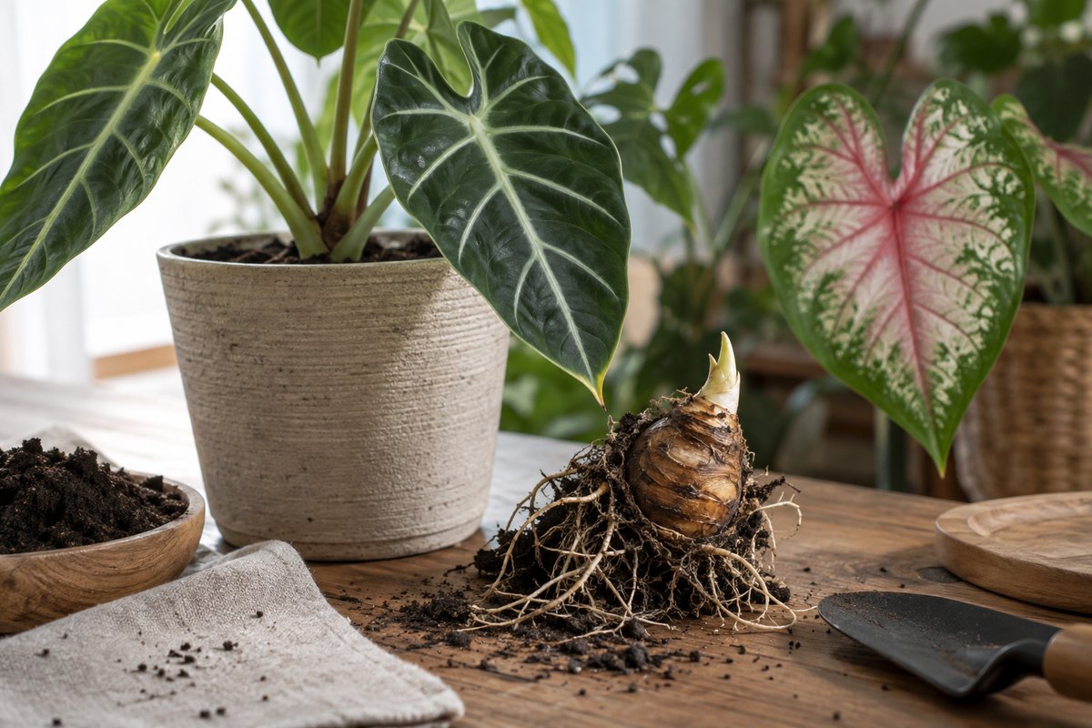 An Alocasia tuber and fine roots beside loose potting mix, with a Caladium leaf nearby.