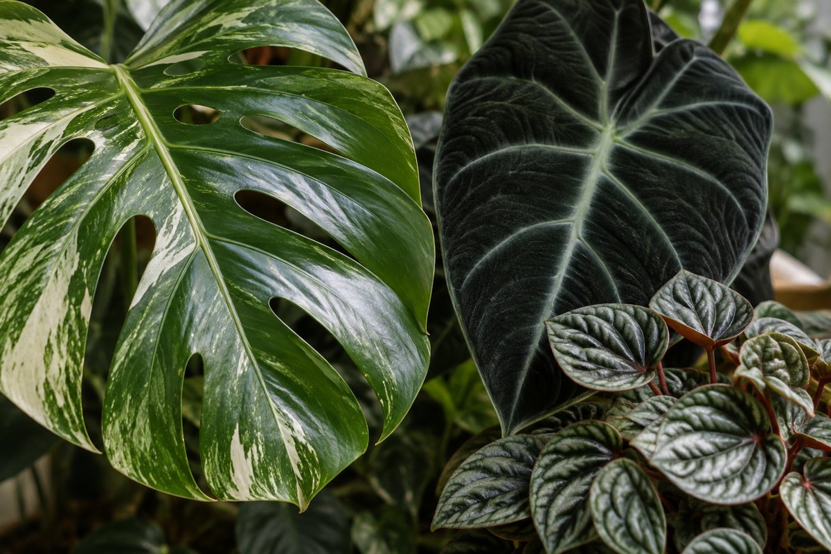 Monstera, dark velvety Alocasia and Peperomia leaves show contrasting sheen, silver patterning and surface textures.