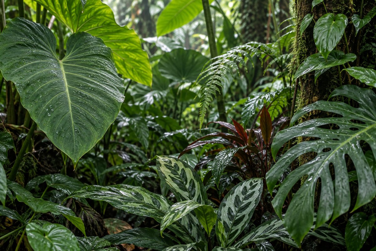 Layered tropical foliage in a rainforest setting reveals varied leaf shapes and surface details in soft humid light.