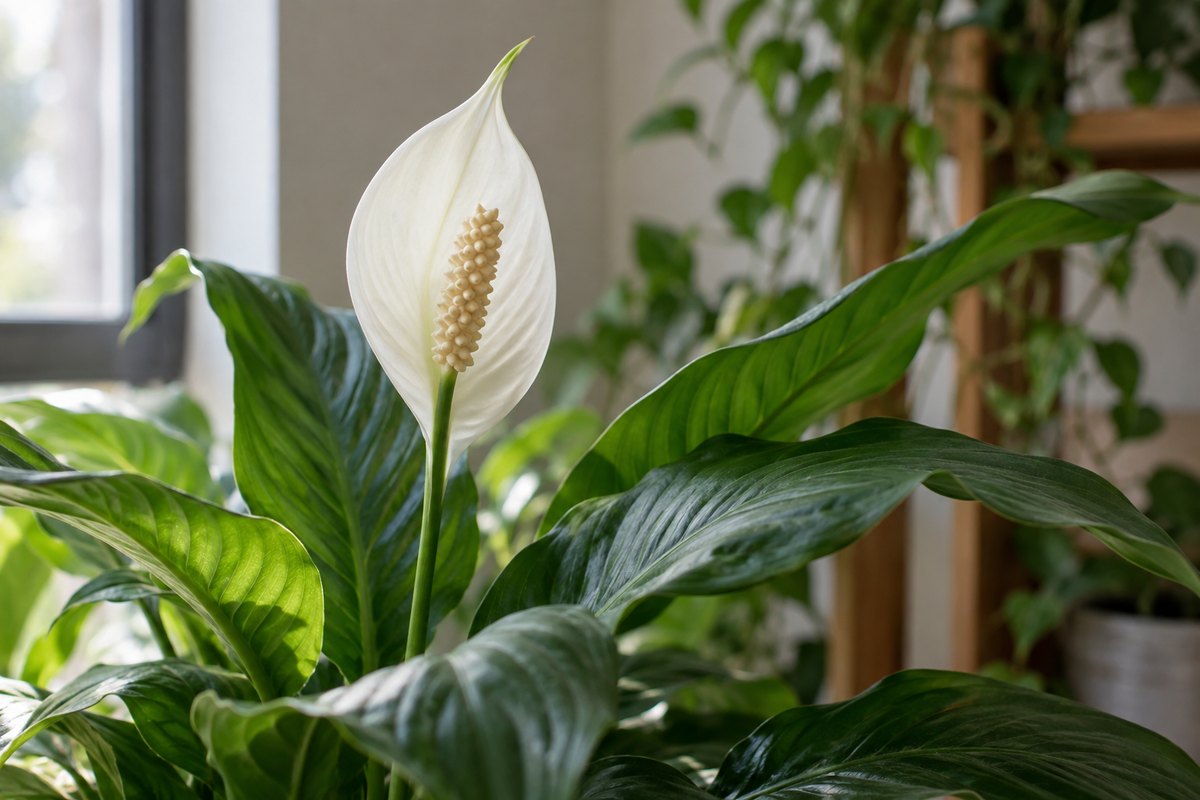 A spathe and spadix emerge naturally from the foliage of a leafy aroid plant.