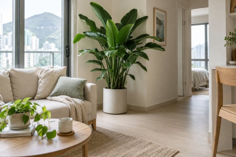 A large floor plant sits in a Hong Kong home living-room corner with everyday walking space left clear.