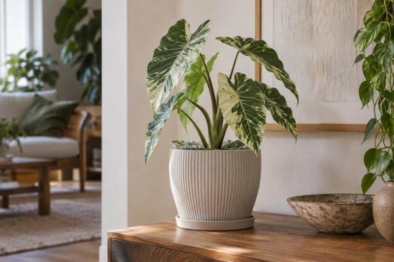 A foliage plant in a simple pale textured planter illustrates the balance between plant and pot.