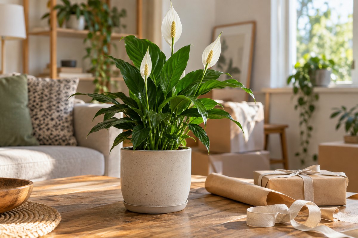 A potted peace lily sits on a wooden table in a new home beside plain gift paper.