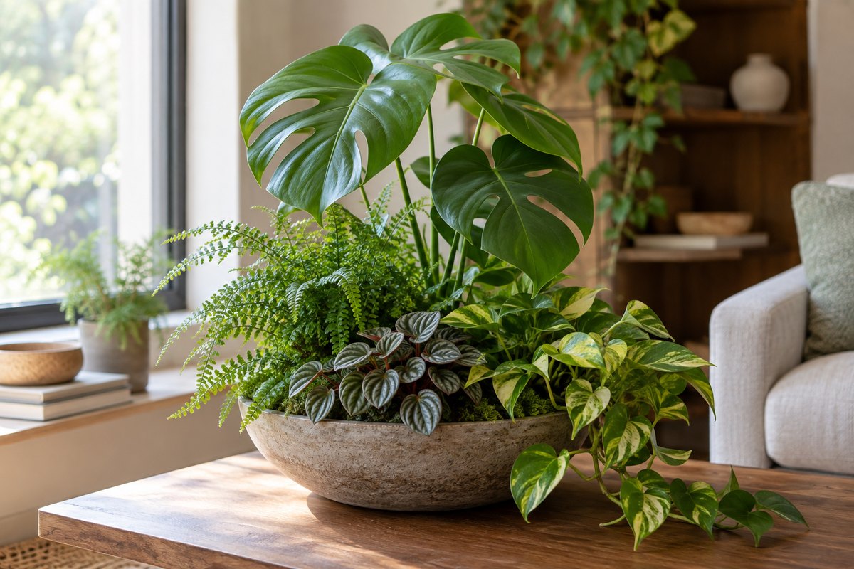 A shallow mixed planting combines Monstera, fern, trailing pothos and Peperomia near a bright home window.