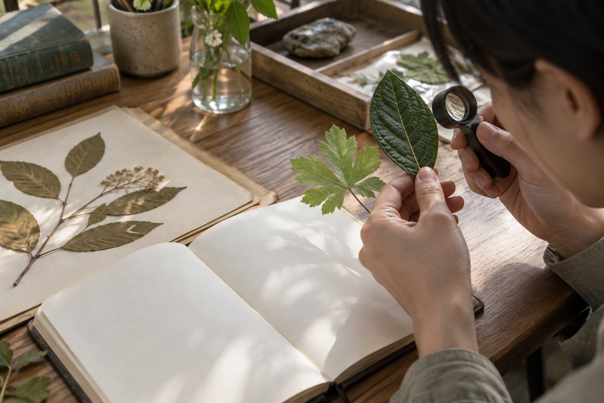 A curator studies leaf venation with a hand lens beside a blank notebook and plant specimen.