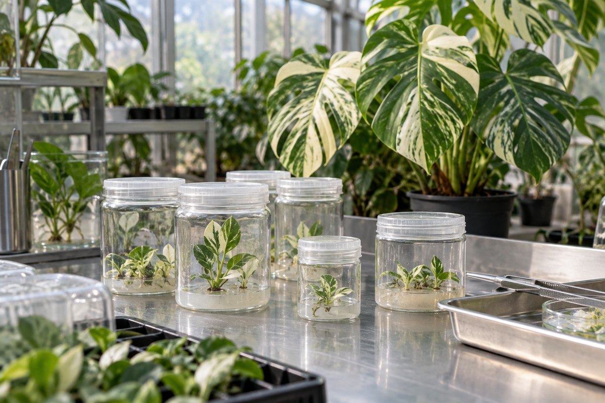 Young plantlets grow inside clear culture vessels beside a mature patterned foliage plant.
