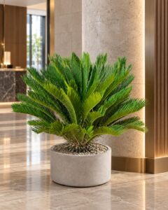 Sago palm | Large floor plant 大型植物擺放於香港精品酒店大堂室內空間的情境示意圖 / Sago palm | Large floor plant large indoor plant styled in a Hong Kong boutique hotel lobby interior