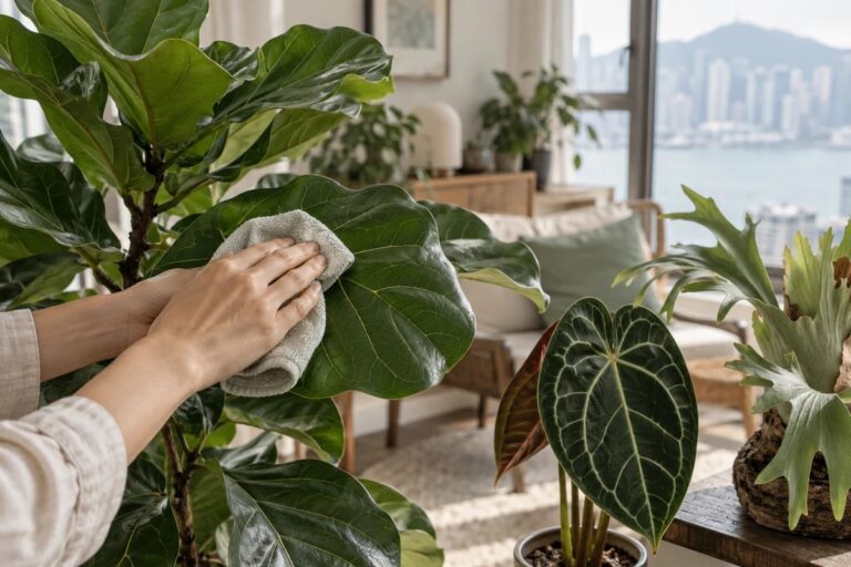Gently cleaning a fiddle-leaf fig beside an anthurium and staghorn fern