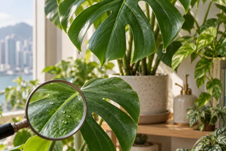 Observing leaf-tip droplets and sticky residue on a monstera