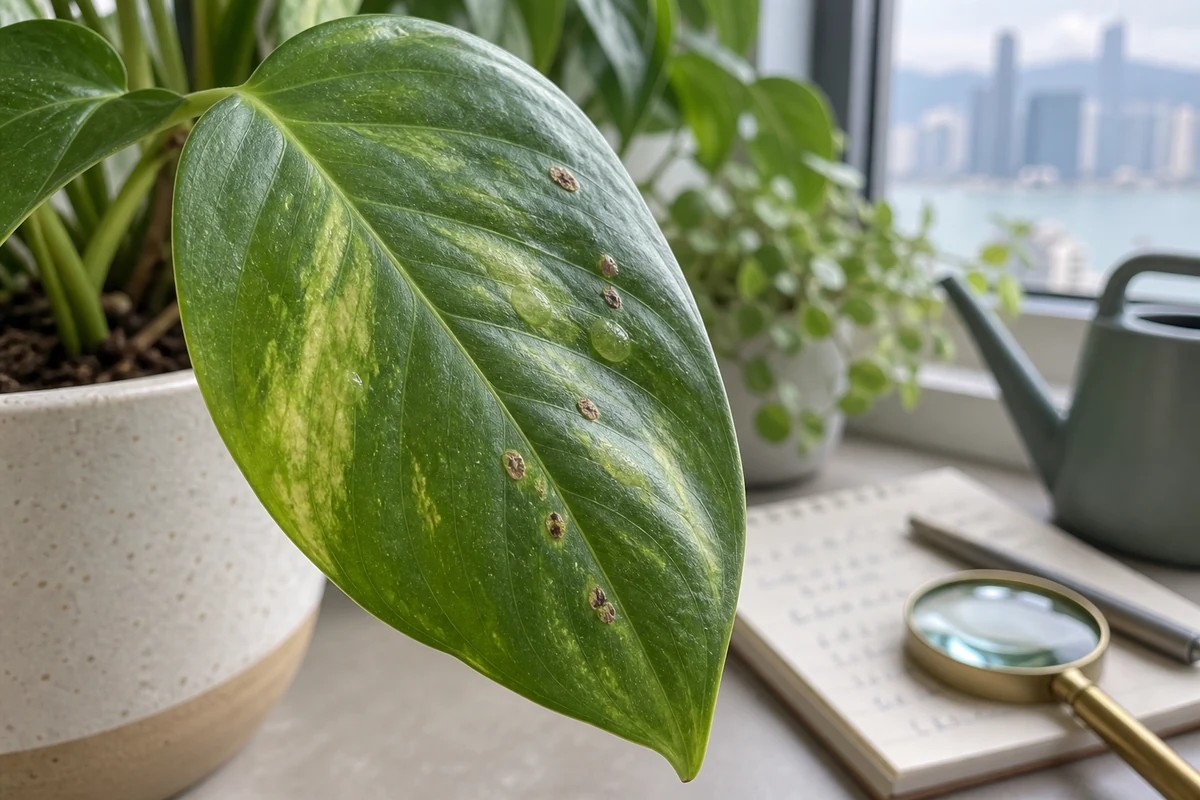 Illustration of translucent leaf blisters and corky oedema spots