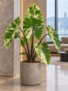 Alocasia Black Stem Varieata 大型植物擺放於香港辦公室室內空間的情境示意圖 / Alocasia Black Stem Varieata large indoor plant styled in a Hong Kong office interior