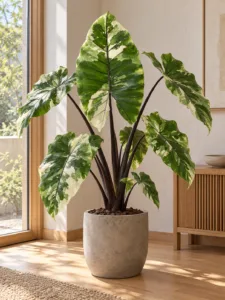 Alocasia Black Stem Varieata 大型植物擺放於日式家居室內空間的情境示意圖 / Alocasia Black Stem Varieata large indoor plant styled in a Japanese home interior