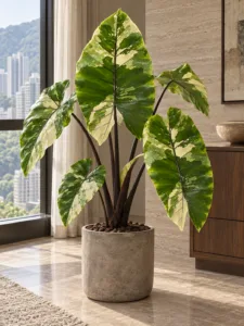 Alocasia Black Stem Varieata 大型植物擺放於半山輕奢家居室內空間的情境示意圖 / Alocasia Black Stem Varieata large indoor plant styled in a Mid-Levels quiet-luxury home interior