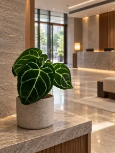 Anthurium crystallinum 大型植物擺放於香港精品酒店大堂室內空間的情境示意圖 / Anthurium crystallinum large indoor plant styled in a Hong Kong boutique hotel lobby interior