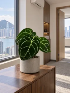 Anthurium crystallinum 大型植物擺放於香港辦公室室內空間的情境示意圖 / Anthurium crystallinum large indoor plant styled in a Hong Kong office interior
