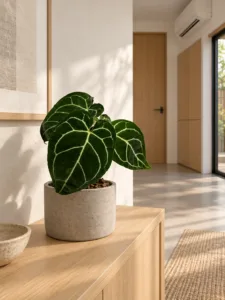Anthurium crystallinum 大型植物擺放於日式家居室內空間的情境示意圖 / Anthurium crystallinum large indoor plant styled in a Japanese home interior