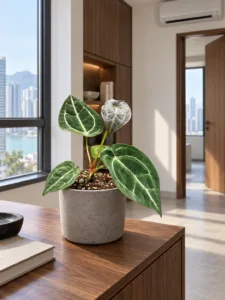 Anthurium magnificum x crystallinum 大型植物擺放於香港辦公室室內空間的情境示意圖 / Anthurium magnificum x crystallinum large indoor plant styled in a Hong Kong office interior