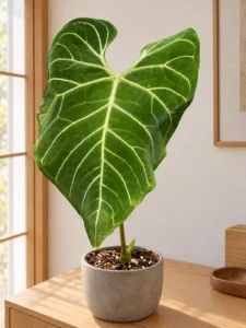 Anthurium regale 大型植物擺放於日式家居室內空間的情境示意圖 / Anthurium regale large indoor plant styled in a Japanese home interior