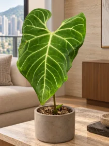 Anthurium regale 大型植物擺放於半山輕奢家居室內空間的情境示意圖 / Anthurium regale large indoor plant styled in a Mid-Levels quiet-luxury home interior