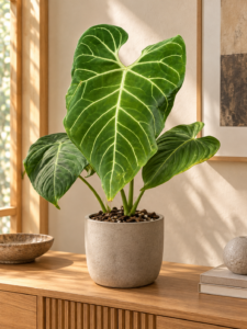 Anthurium regale 大型植物擺放於日式家居室內空間的情境示意圖 / Anthurium regale large indoor plant styled in a Japanese home interior