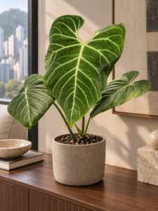Anthurium regale 大型植物擺放於半山輕奢家居室內空間的情境示意圖 / Anthurium regale large indoor plant styled in a Mid-Levels quiet-luxury home interior